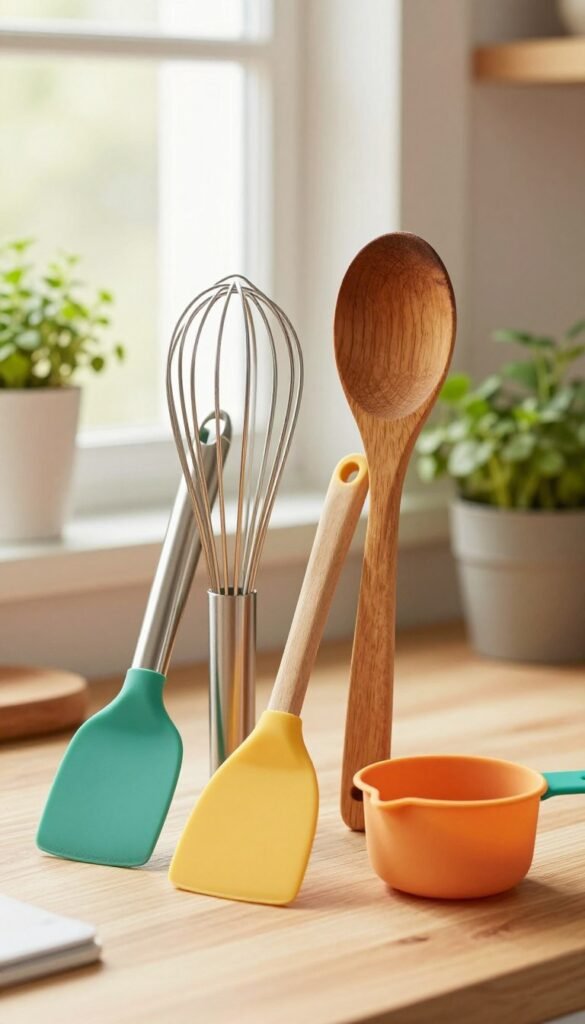 A visually striking composition showcasing various kitchen utensils made from silicone, stainless steel, wood, and plastic. In the foreground, display a vibrant selection of these materials: a sleek stainless steel whisk, a flexible silicone spatula, a rustic wooden spoon, and a colorful plastic measuring cup, all arranged artistically on a light wooden surface. The middle ground features a softly lit kitchen setting with warm, natural light filtering through a window, illuminating the utensils. In the background, hints of green potted herbs add a fresh touch to the scene. The overall atmosphere is cozy and inviting, inspired by Pinterest aesthetics. Include the brand name "Ordnungskiste" subtly integrated into the design without text overlays. Aim for an overall warm color palette that highlights the textures of each material.