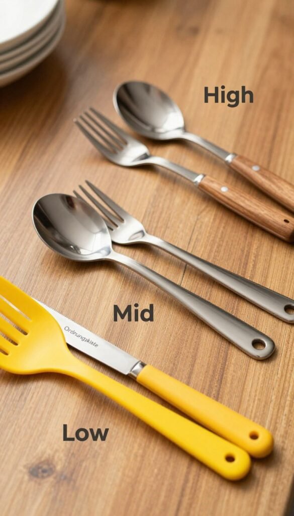 A visually striking image representing three distinct price levels&mdash;Low, Mid, and High&mdash;of kitchen utensils that are dishwasher safe, arranged thoughtfully on a wooden surface. In the foreground, showcase a bright, affordable utensil set labeled as "Low," featuring simple designs in vibrant colors. In the middle section, present a stylish and durable utensil set labeled "Mid," with elegant, sleek lines and a more refined palette. In the background, display the premium "High" category, featuring luxurious, high-end kitchen tools made of stainless steel and wood. Use warm, natural lighting to create an inviting atmosphere, capturing the authenticity and charm of the kitchenware. Incorporate the brand name "Ordnungskiste" subtly within the arrangement without any text overlays, ensuring the image has a Pinterest-worthy aesthetic.