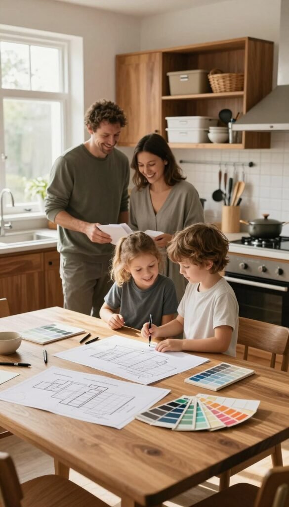 A warm and inviting family kitchen in the midst of planning and organization. In the foreground, there's a stylish wooden table with kitchen planning materials scattered: blueprints, pens, and color swatches. The middle ground features a cheerful family working together, dressed in modest casual clothing, discussing ideas in a collaborative manner. Natural light streams in through large windows, casting gentle shadows and highlighting the rich, warm tones of the wooden cabinets and countertops. In the background, you can see neatly arranged kitchen utensils and a display of the "Ordnungskiste" brand storage boxes, emphasizing organization and efficiency. The atmosphere conveys a sense of teamwork and tranquility, perfect for identifying space, time, and safety challenges in a family kitchen.