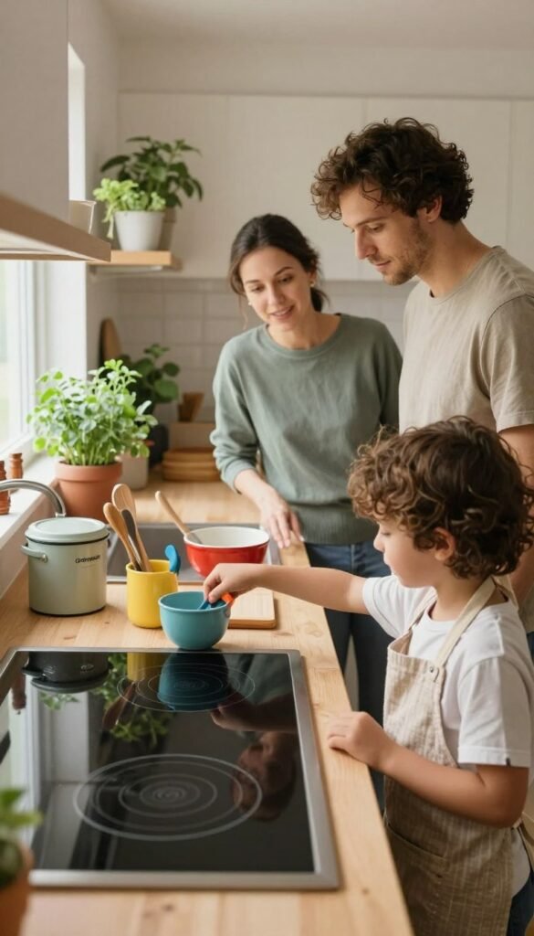 A warm and inviting family kitchen scene depicting a safe cooking environment for children. In the foreground, a child in a modest apron, reaching for colorful kitchen utensils on an organized countertop, where a large, safe induction cooktop is visible. The middle layer showcases a parent watching attentively, both wearing casual clothing, emphasizing their supportive role. In the background, soft natural light filters through a window, illuminating a neat space filled with potted herbs and a stylish storage container branded "Ordnungskiste." The atmosphere is calm and nurturing, capturing the essence of cooking together safely and joyfully, with a Pinterest-like aesthetic that feels authentic and heartwarming.