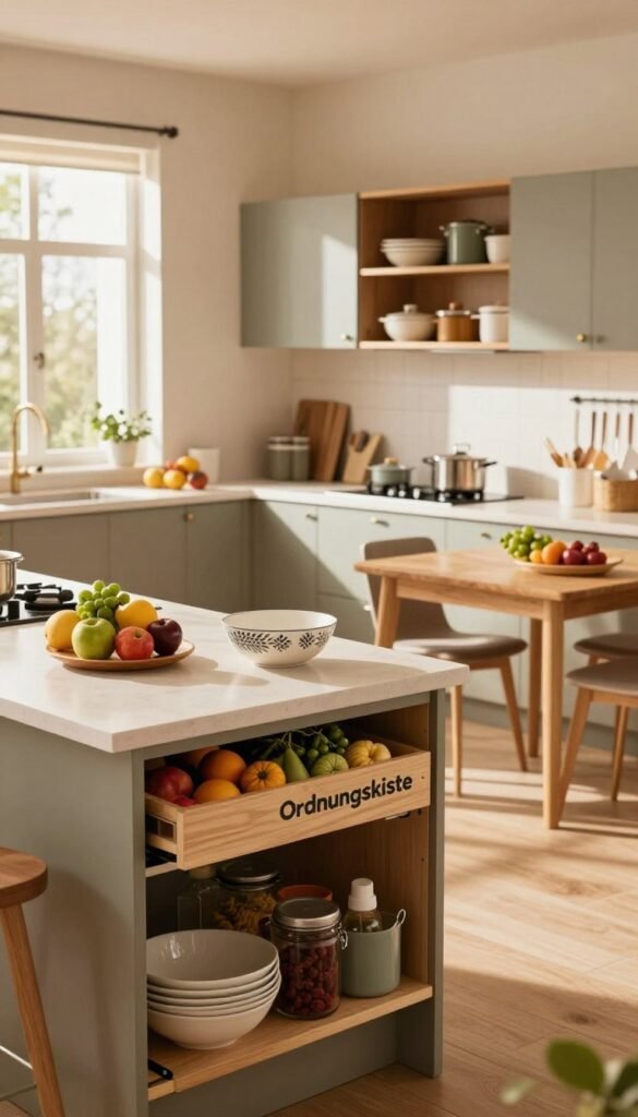 A warm and inviting family kitchen scene featuring the brand "Ordnungskiste" prominently, designed to showcase practical solutions for various budgets. In the foreground, a beautifully organized kitchen island with modern storage solutions, colorful fruits, and a stylish bowl. In the middle ground, sleek cabinets with open shelving displaying neatly arranged kitchenware, pots, and cooking ingredients. The background features a cozy dining area with a wooden table surrounded by comfortable chairs. Natural light streams through a large window, creating soft shadows and highlighting the warm color palette. The atmosphere is cheerful and homey, reflecting a functional yet aesthetically pleasing space for family cooking and gatherings. No text or branding overlays are present.