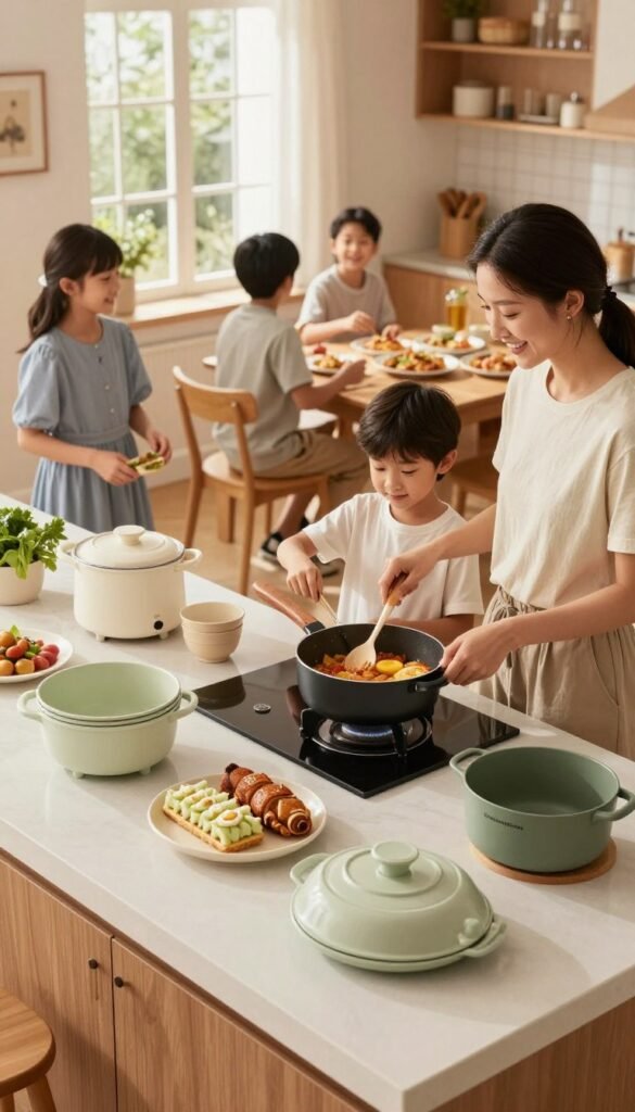 A warm and inviting family kitchen scene that embodies efficiency and practicality. In the foreground, a well-organized countertop features various practical kitchen gadgets and storage solutions branded "Ordnungskiste," showcasing their user-friendly designs. The middle section reveals a family of four engaged in meal preparation, dressed in modest casual clothing, smiling and working together to demonstrate teamwork. In the background, natural light streams in through a window, illuminating a cozy dining area with an inviting table set for a family meal. The atmosphere feels refreshing and energetic, with an emphasis on harmony and functionality, capturing the essence of a kitchen that accelerates family cooking time, in a Pinterest-worthy aesthetic with warm colors.