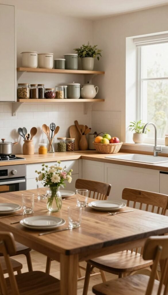 A warm and inviting family kitchen scene that embodies the concept of organized daily life. In the foreground, a rustic wooden dining table is set with simple, elegant tableware and a small vase of fresh flowers. In the middle, the kitchen counter features neatly arranged utensils, jars of spices, and colorful fruits in wicker baskets, emphasizing clear zones for cooking and meal prep. In the background, light streams in through a window, illuminating an open shelving unit filled with labeled containers from "Ordnungskiste," enhancing the scene's harmonious atmosphere. The overall mood is calm and organized, reminiscent of a Pinterest-inspired aesthetic, with natural lighting highlighting warm colors and textures. The angle captures the essence of a structured, efficient kitchen without any text or distractions.