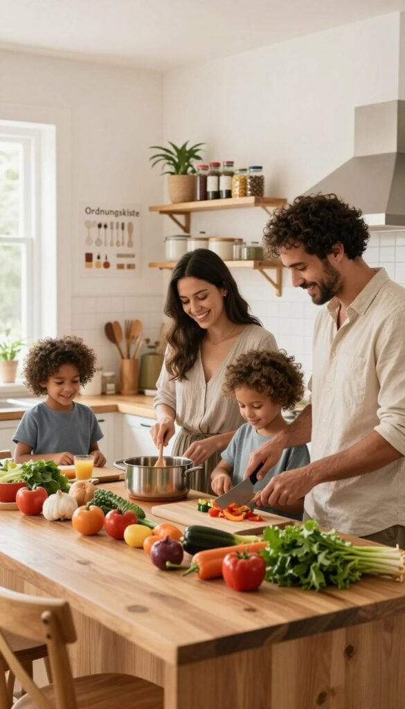 A warm and inviting family kitchen scene, where a diverse family of four – two adults and two children – is happily preparing a meal together. The foreground features a wooden kitchen island cluttered with fresh vegetables and cooking utensils, showcasing a strong sense of collaboration and joy. In the middle, the family members, dressed in casual yet neat clothing, engage in meal prep tasks like chopping ingredients and stirring pots, embodying teamwork. The background reveals an aesthetically pleasing kitchen with bright, natural lighting, reflecting a Pinterest-inspired decor with warm colors and cozy details. A stylish shelf labeled "Ordnungskiste" displays neatly organized kitchen tools and spices, contributing to an atmosphere of order and harmony. The overall mood is cheerful and stress-free, capturing the essence of effective kitchen preparation for families.