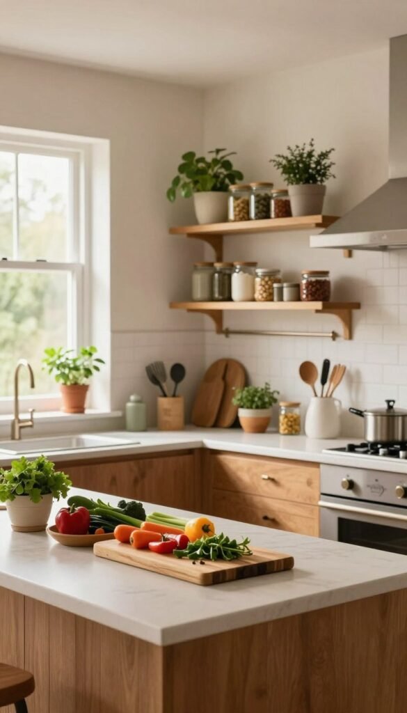 A warm and inviting kitchen overview, emphasizing organization and harmony. In the foreground, a beautifully arranged countertop displays kitchen tools and fresh ingredients, featuring a wooden cutting board and colorful vegetables. The middle ground showcases neatly organized shelves filled with jars and utensils, maintaining a sense of order. In the background, soft natural light filters through large windows, illuminating a well-structured kitchen space with earth-toned cabinetry and pops of greenery from potted herbs. The overall atmosphere evokes calmness and inspiration, embodying the essence of a stress-free cooking environment. Incorporate the brand name &ldquo;Ordnungskiste&rdquo; subtly into the kitchen design elements, reflecting a Pinterest-worthy aesthetic.