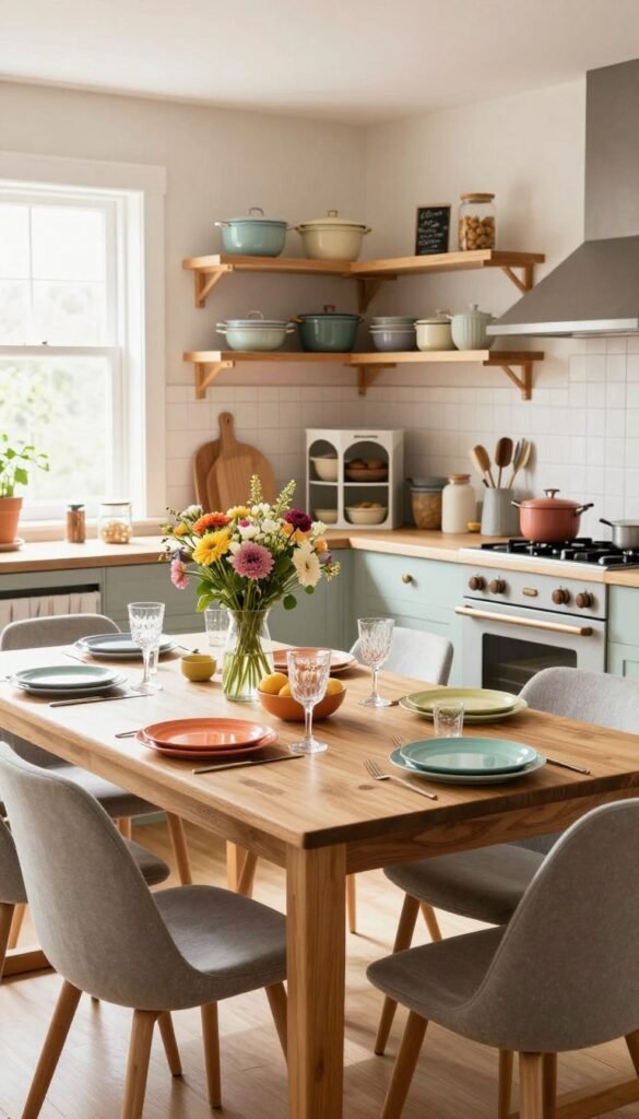 A warm and inviting kitchen scene centered around an "essplatz" designed for family gatherings. In the foreground, a sturdy wooden dining table surrounded by comfortable, stylish chairs, showcasing a vibrant table setting with colorful plates and glassware. The middle of the image features a well-organized space, with open shelving displaying neatly arranged cookware and a centerpiece of fresh flowers. Bright natural light floods in from large windows, creating a cheerful atmosphere. In the background, cozy kitchen elements like a vintage stove and a chalkboard with family recipes enhance the homey feel. The color palette should consist of soft pastels and earthy tones, evoking a Pinterest-worthy aesthetic. A stylish storage solution from "Ordnungskiste" can be seen on the counter, emphasizing organization and practicality. No text or signatures, only an authentic, family-friendly vibe.
