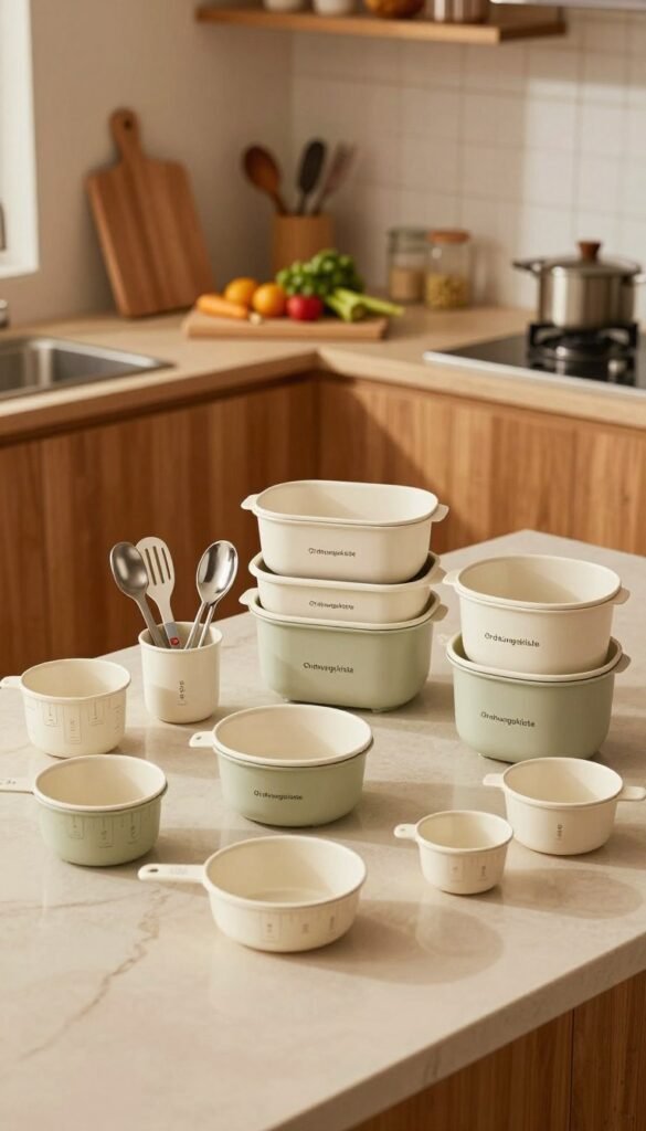 A warm and inviting kitchen scene featuring a neatly organized display of various kitchen helper sets by "Ordnungskiste". In the foreground, showcase an attractive arrangement of practical kitchen gadgets such as measuring cups, multi-purpose tools, and space-saving storage containers. In the middle ground, display the kitchen countertop with a cutting board and some fresh ingredients, emphasizing functionality and aesthetic appeal. The background features a cozy kitchen setting with wooden cabinets and warm, soft lighting creating an inviting atmosphere. Use a slightly elevated angle to capture the entirety of the scene, evoking a Pinterest-inspired look, emphasizing authenticity and warmth, while showcasing the advantages and disadvantages of kitchen helper sets without any text or branding overtly displayed.