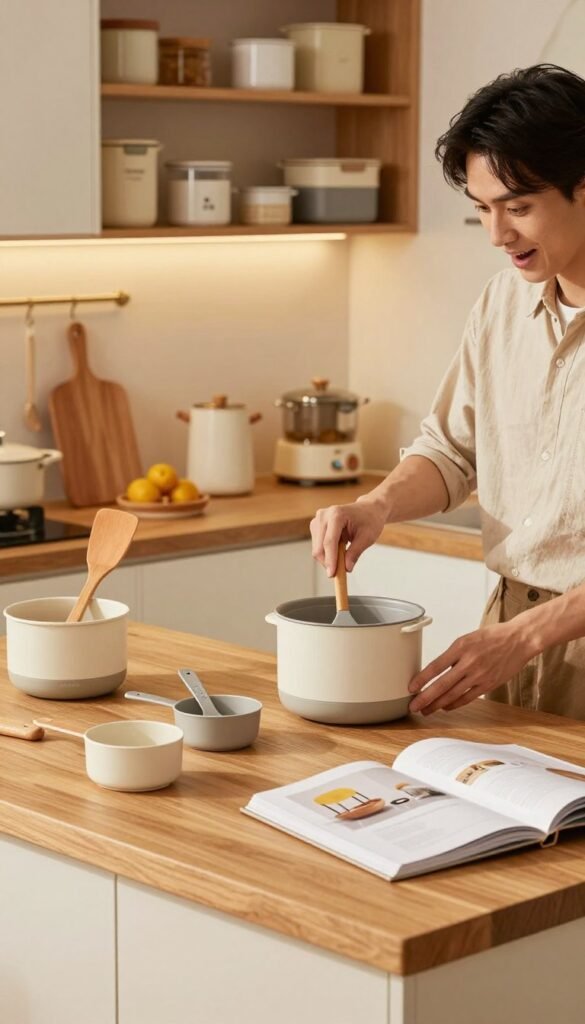 A warm and inviting kitchen scene featuring a well-organized cooking area where various kitchen helpers are readily available. In the foreground, a stylish wooden countertop displays neatly arranged utensils, including spatulas, measuring cups, and a cookbook opened to a recipe. In the middle ground, a person dressed in modest casual attire is engaged in cooking, looking pleasantly surprised as they reach for a tool that&rsquo;s just within easy grasp. The background showcases softly lit shelves filled with neatly labeled containers and a brand name "Ordnungskiste" subtly displayed on one of them. The lighting is warm, creating a cozy atmosphere that emphasizes the importance of having kitchen helpers always at hand. The angle is slightly elevated, providing a clear view of the dynamic kitchen environment, evoking a feeling of comfort and eagerness to cook.