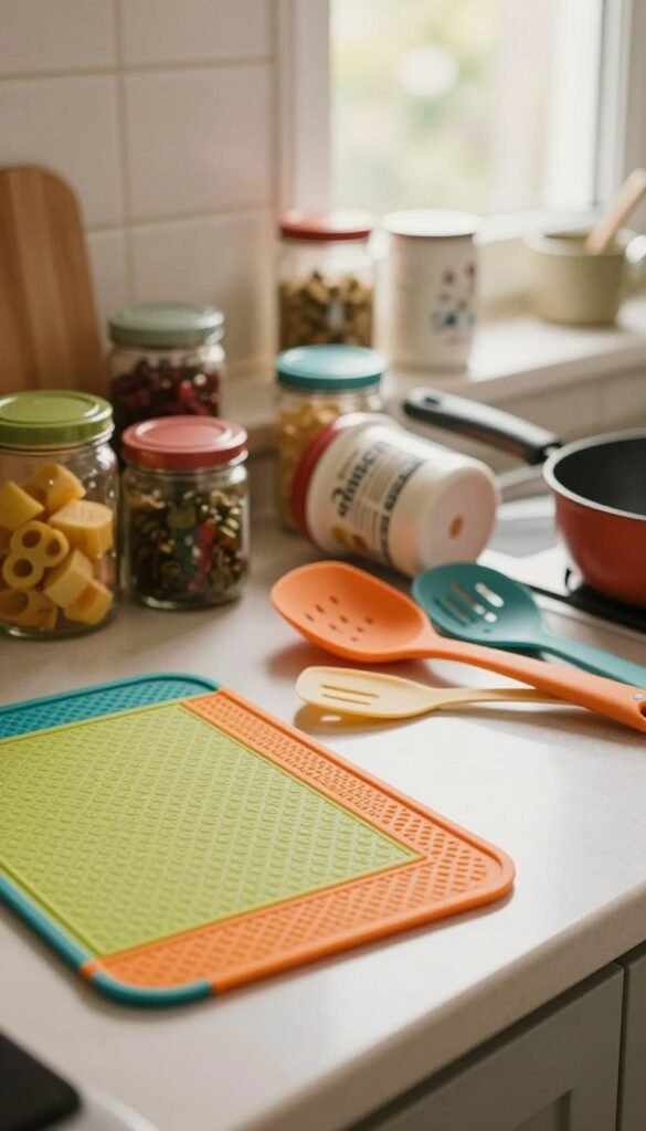 A warm and inviting kitchen scene featuring various kitchen gadgets and mats in a state of slight chaos, emphasizing their potential to slip and slide. In the foreground, a colorful silicone mat lies askew next to a set of vibrant cooking utensils branded "Ordnungskiste." In the middle, jars and containers tumble gently, illustrating everyday kitchen challenges. The background showcases soft, diffuse natural light filtering through a window, creating an authentic ambiance. The atmosphere is one of playful frustration, capturing the essence of slipping items in a kitchen setting. The overall composition has a Pinterest-inspired aesthetic, combining warm colors and an organic feel, with no text, logos, or intrusive elements.