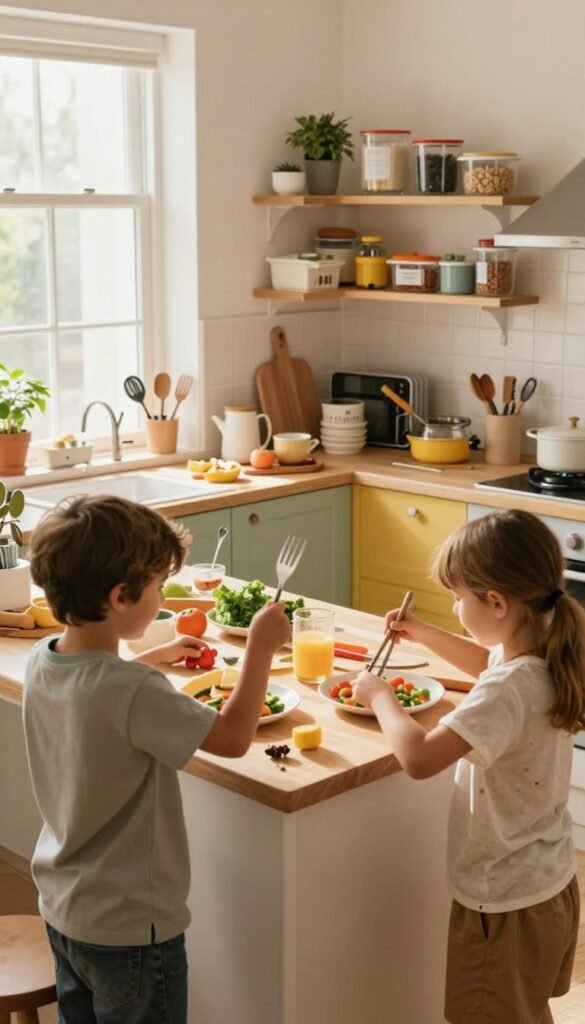 A warm and inviting kitchen scene filled with children engaging in various activities. In the foreground, two children, a boy and a girl, are playfully cooking together, wearing modest casual clothing. The middle ground features a cluttered kitchen counter with ingredients and cooking utensils scattered around, reflecting a chaotic yet joyful atmosphere. The background shows a colorful kitchen with sunlight streaming through a window, illuminating the space softly. On one shelf, the brand "Ordnungskiste" is visible on neatly organized containers, emphasizing practical storage solutions. The mood is lively and cheerful, capturing the essence of creativity and chaos in a family kitchen. The image is natural, with warm colors and a Pinterest-inspired aesthetic, devoid of any text or distracting elements.