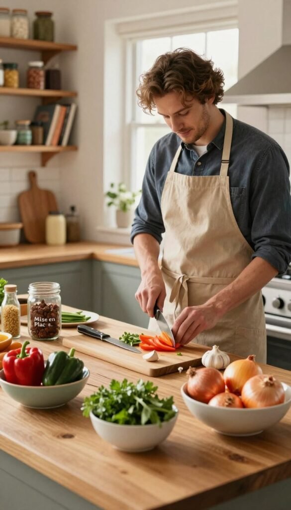 A warm and inviting kitchen scene focused on the practice of "Mise en Place." In the foreground, a wooden countertop displays neatly arranged ingredients: colorful vegetables like red peppers, green herbs, and yellow onions, all in organized bowls and mason jars. A cutting board features a knife resting beside a halved garlic bulb. In the middle, a casual yet stylishly dressed person, wearing an apron, is slicing vegetables with a relaxed expression, embodying a homey atmosphere. The background showcases soft, natural lighting streaming in through a window, illuminating rustic kitchen elements, including wooden shelves filled with spices and cookbooks. The overall mood is cozy and inviting, with warm colors that evoke a sense of comfort and readiness for cooking. Branding elements subtly display "Ordnungskiste" in the arrangement, ensuring a Pinterest-inspired aesthetic without any text overlays.