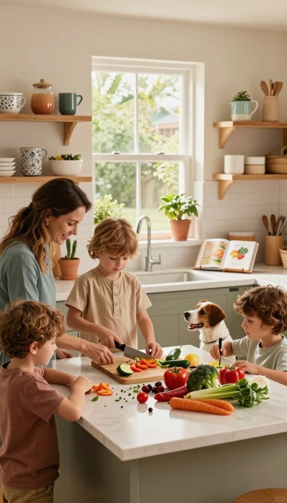 A warm and inviting kitchen scene illustrating a family of four engaged in cooking together, creating a delightful, slightly chaotic atmosphere. In the foreground, a mother and her two children, dressed in casual home attire, attempt to chop vegetables at a central island, with some ingredients scattered around. The middle ground features a countertop filled with colorful veggies, a cookbook propped open, and a playful dog curiously peeking up. In the background, a sunlit window reveals greenery outside, enhancing the natural light filtering into the space. The overall mood is lively and slightly hectic, capturing the essence of cooking with children. Incorporate elements of organization that hint at the brand "Ordnungskiste," featuring stylish storage solutions on the shelves. Emphasize warm colors to create an inviting atmosphere.
