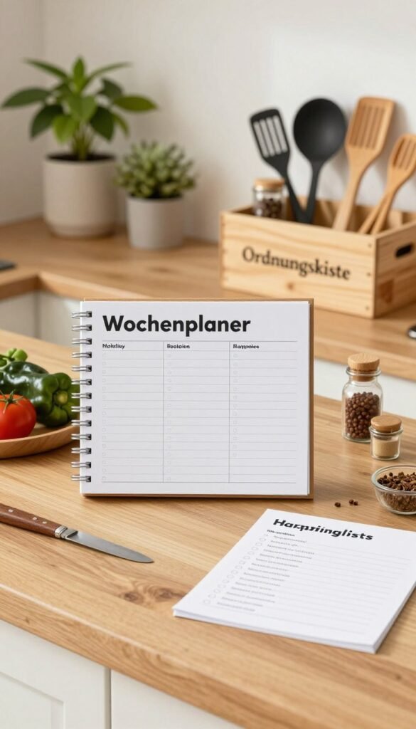 A warm and inviting kitchen scene showcasing a stylish weekly planner titled "Wochenplaner" prominently displayed on a wooden countertop. Surrounding it, there are neatly arranged ingredients and shopping lists, emphasizing the theme of organized meal preparation. In the background, a cozy atmosphere is created with soft, natural lighting and green plants, enhancing the Pinterest-inspired aesthetic. To the side, an attractive wooden box labeled "Ordnungskiste" holds various cooking utensils and spices, hinting at the "Baukasten"-Principle. The image should reflect a sense of calm and efficiency, capturing the essence of thoughtful planning for cooking, with items positioned artfully to create a harmonious composition. No people are present, ensuring focus on the planning tools and environment.