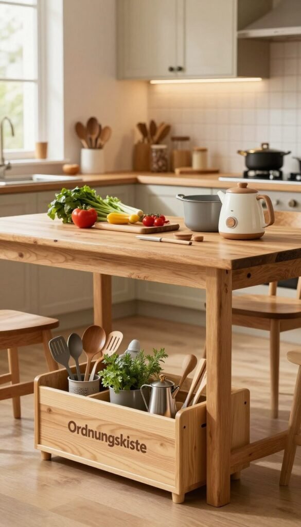 A warm and inviting kitchen scene showcasing a well-organized space, emphasizing functionality and style. In the foreground, a beautifully designed "Ordnungskiste" storage solution, crafted from sustainable materials, containing kitchen utensils and herbs. In the middle, a rustic wooden table with fresh ingredients, cookware, and family-friendly gadgets, conveying a sense of practicality. The background features elegant cabinetry with soft lighting that highlights the warm tones of the kitchen, creating a cozy atmosphere. Natural light streams in through a nearby window, enhancing the earthy color palette of the kitchen decor. The overall mood is homely and harmonious, illustrating the balance between low, mid, and high-budget kitchen tools in a family kitchen setting.