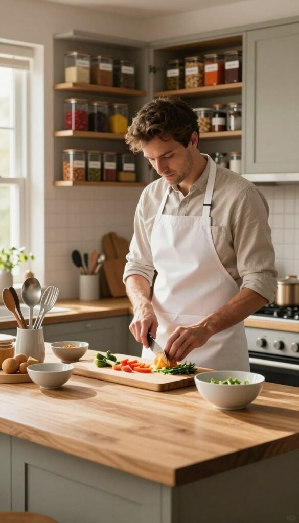 A warm and inviting kitchen scene showcasing an effective workflow, highlighting essential tools and organized spaces. In the foreground, a clean wooden countertop with neatly arranged utensils and bowls, emphasizing a sense of order. In the middle ground, a professional-looking chef wearing a crisp white apron and modest casual clothing efficiently chopping vegetables and preparing ingredients with focus and calm. The background features a beautifully organized pantry with labeled containers and vibrant spices, suggesting a methodical approach to cooking. Natural light streams in through a window, casting soft shadows and enhancing the warm color palette. The overall atmosphere is relaxed and inspiring, capturing the essence of efficient cooking without haste. The brand name "Ordnungskiste" subtly integrated into the kitchen layout, reinforcing the theme of organization and efficiency.