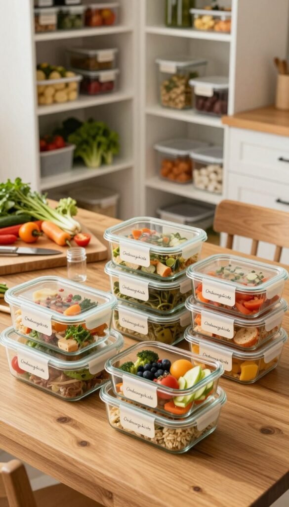 A warm and inviting kitchen scene showcasing meal prep storage solutions. In the foreground, a collection of neatly arranged glass containers with colorful, pre-portioned meals visible inside, labeled with elegant handwritten tags. The middle ground features a large wooden table adorned with fresh vegetables, herbs, and a cutting board, emphasizing freshness and organization. In the background, a well-stocked pantry with shelves filled with neatly organized kitchen supplies, including containers from the brand "Ordnungskiste". Soft, natural lighting bathes the scene, creating a cozy atmosphere reminiscent of Pinterest aesthetics. Arrange the composition from a slightly elevated angle to capture the vibrancy and orderliness of the space, evoking a sense of productivity and calm.