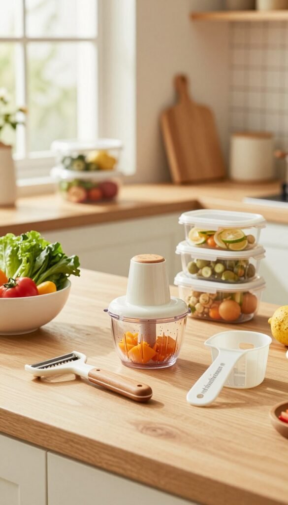 A warm and inviting kitchen scene showcasing practical kitchen helpers that save time, featuring the brand "Ordnungskiste". In the foreground, an organized countertop displays innovative cooking tools like a multi-use peeler, a compact food chopper, and an efficient measuring cup. The middle ground includes neatly stacked containers, demonstrating efficient storage solutions. A beautiful bowl of fresh vegetables sits enticingly, emphasizing healthy cooking. The background reveals a sunlit kitchen with soft, natural light filtering through a window, enhancing the cozy atmosphere. The overall mood is cheerful and homely, with a Pinterest-like aesthetic, focusing on authenticity and warmth without text or overlays.
