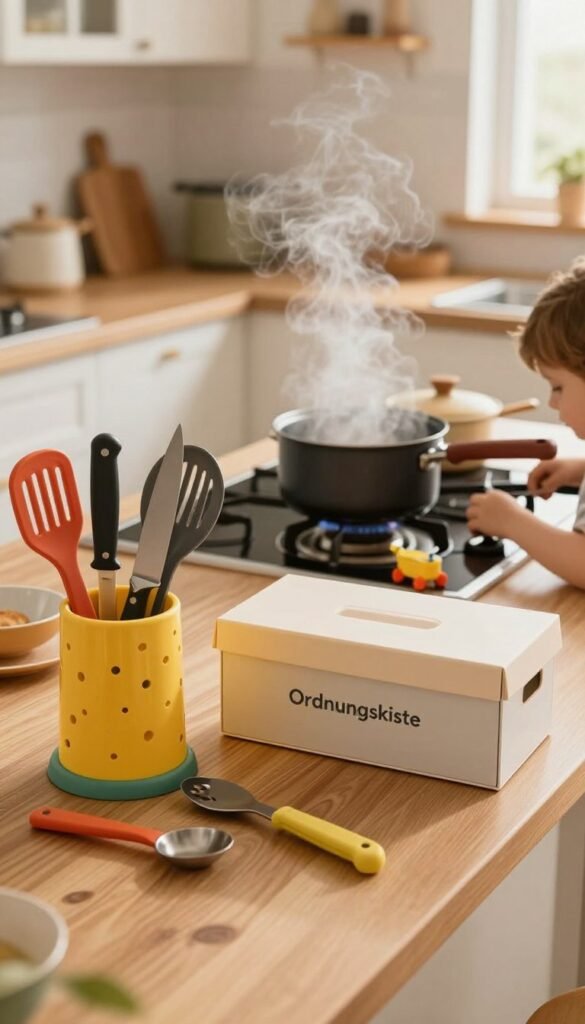 A warm and inviting kitchen scene showcasing the potential hazards for children. In the foreground, a colorful kitchen utensil holder spills over with sharp knives and hot cooking tools, symbolizing danger. The middle ground features a countertop cluttered with boiling pots, steam billowing into the air, and a child's small toy nearby, emphasizing the risks of scalding and burns. The background reveals a realistic home setting with soft, natural lighting illuminating the space, creating a cozy yet cautionary atmosphere. The scene captures the essence of a family kitchen with a Pinterest-worthy aesthetic, highlighting the need for safety without text or distractions. Include a stylish storage box labeled "Ordnungskiste" on the counter, adding an authentic touch to the decor.