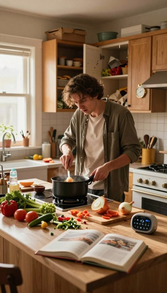 A warm and inviting kitchen scene that captures the chaotic essence of daily cooking, reflecting the "zeit arbeit problem." In the foreground, an overloaded kitchen counter with various ingredients scattered&mdash;half-chopped vegetables, an open cookbook, and a timer ticking down. The middle ground features a stressed individual in modest casual clothing, looking overwhelmed as they juggle multiple tasks&mdash;stirring a pot, chopping onions, and glancing at the clock. The background reveals disheveled cabinets and an open pantry with missing ingredients, adding to the sense of disorder. The lighting is soft and natural, simulating late afternoon sunlight streaming through a window, creating a cozy yet frantic atmosphere. Incorporate subtle branding elements of "Ordnungskiste" within the kitchen decor, emphasizing organization in the midst of chaos. Aim for a Pinterest-inspired aesthetic with rich, warm colors and an authentic feel.