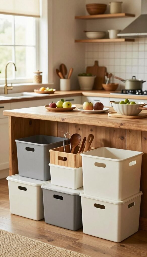 A warm and inviting kitchen setting showcasing a balanced budget guide for kitchen organization. In the foreground, neatly arranged low-, mid-, and high-end kitchen solutions, including storage boxes and organizers branded "Ordnungskiste," creating a harmonious look. The middle ground features an organized countertop with cooking essentials, tastefully arranged to highlight functionality and style. In the background, soft natural light streams in through a window, illuminating the room with a cozy atmosphere. A popular Pinterest aesthetic with a blend of rustic wood and modern accents, promoting an authentic feel. The composition should feel inviting and practical, emphasizing budget-friendly elegance without any text, overlays, or distractions.