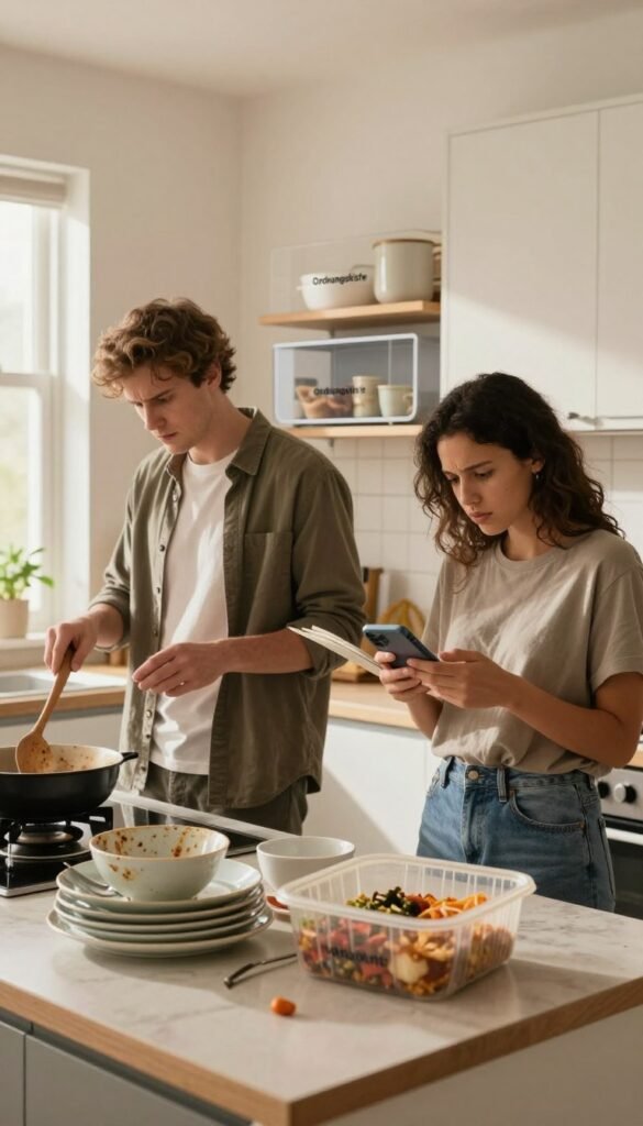 A warm and inviting shared kitchen scene, showcasing common mistakes made by tenants while sharing the space. In the foreground, a cluttered countertop features dirty dishes piled up beside a half-open container of food, clearly illustrating a lack of organization. The middle ground captures two diverse individuals in modest casual clothing, one attempting to cook while the other browses a recipe on a phone, both looking slightly confused and overwhelmed. The background includes elegant storage solutions from "Ordnungskiste," highlighting how proper organization can enhance the kitchen's functionality. Soft, natural lighting filters through a window, casting gentle shadows and creating a cozy atmosphere. The overall mood is approachable, with a touch of humor reflecting the relatable challenges of shared kitchen use.