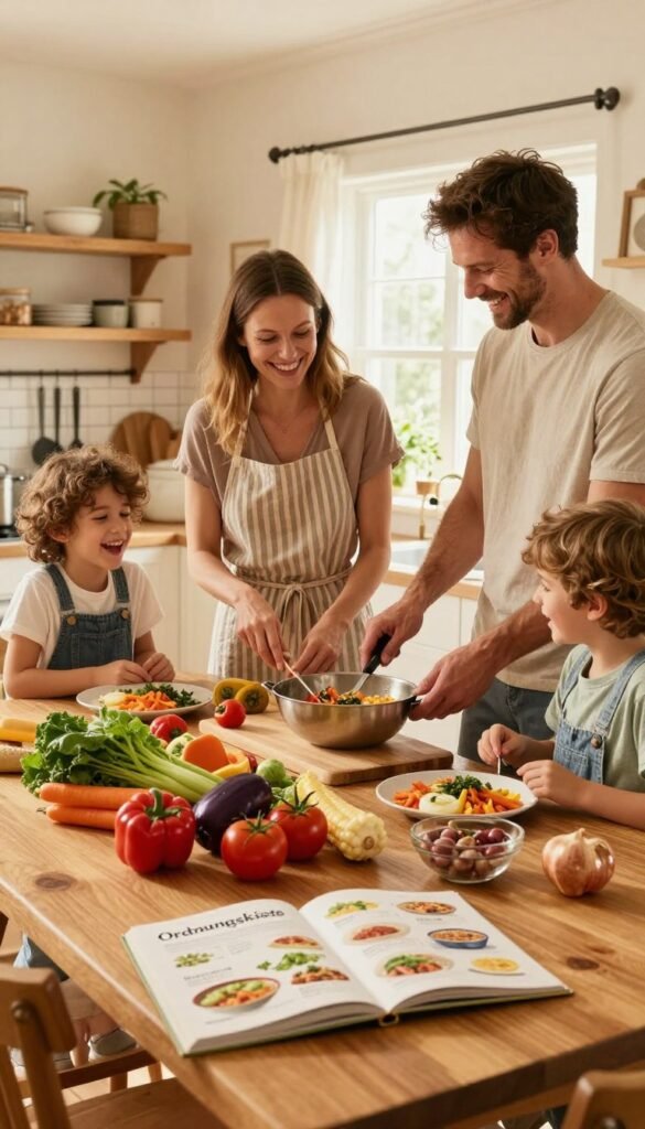 A warm, family-centric kitchen scene depicting a mother and father cooking together with their children, all smiling and engaged in meal preparation. The foreground shows a wooden dining table filled with fresh ingredients, colorful vegetables, and a recipe book titled "Ordnungskiste" open with easy meal ideas. In the middle, the playful interaction between family members highlights teamwork, with the children helping and laughing. The background features a cozy kitchen with soft, natural lighting streaming in through a window, creating a welcoming atmosphere. The colors are warm and inviting, resembling a Pinterest aesthetic that conveys harmony and joy, emphasizing a less stressful family dynamic during mealtime preparation.
