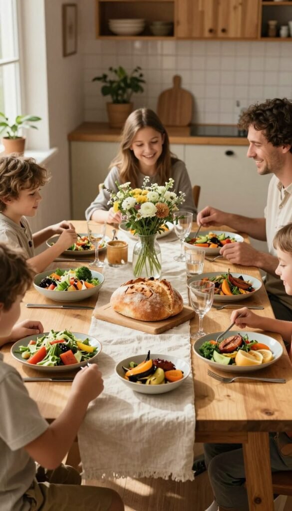 A warm, inviting family dining table set for a meal, showcasing an array of colorful, healthy dishes like salads, roasted vegetables, and a centerpiece of freshly baked bread. The table is elegantly arranged with rustic tableware, soft, natural fabrics, and a floral centerpiece, all bathed in soft, natural light from a nearby window, casting gentle shadows for depth. In the background, a cozy kitchen setting with wooden cabinets and a hint of greenery from potted plants creates an atmosphere of home and comfort. The mood is relaxed and joyful, capturing a sense of connection and harmony among family members as they gather around the table. The brand name "Ordnungskiste" subtly integrated into the decor, enhancing the overall aesthetic while maintaining authenticity without any overlay or text.