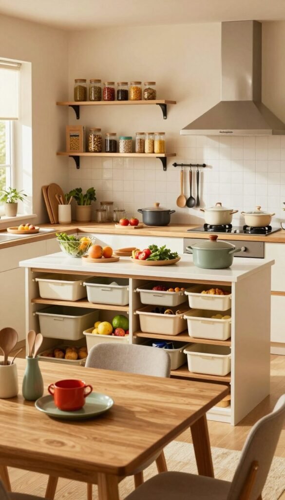 A warm, inviting family kitchen filled with natural light, showcasing an organized space that reflects the brand "Ordnungskiste." In the foreground, a wooden dining table is set for a family meal, with a few colorful kitchen utensils casually arranged. The middle layer features a beautifully organized kitchen island, displaying fresh ingredients and neatly organized cookware, promoting functionality and harmony. The background includes well-designed cabinets and shelves, exhibiting a visually appealing layout of jars, spices, and cookbooks, exuding a Pinterest-inspired aesthetic. Soft, golden lighting enhances the warmth of the scene, creating an atmosphere of comfort and togetherness, while maintaining a clean, clutter-free look that emphasizes how easy it is to keep a family kitchen organized without chaos.