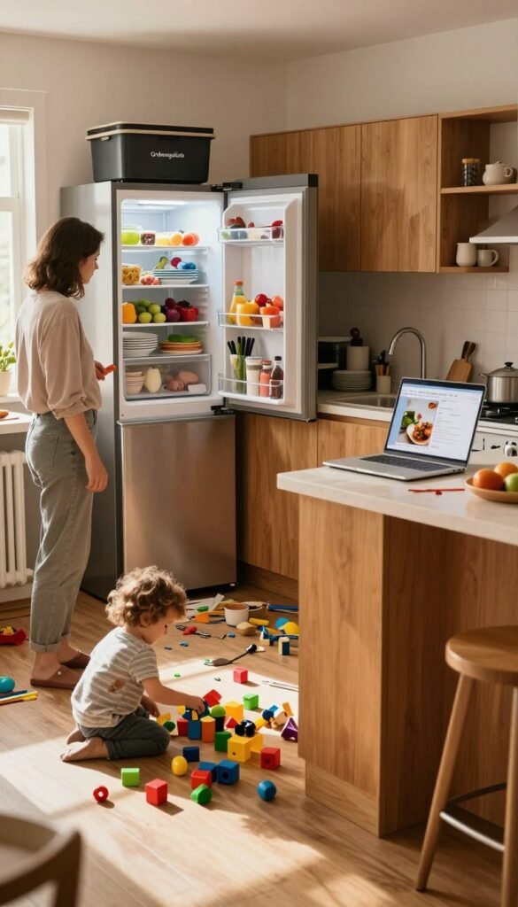 A warm, inviting family kitchen in disarray, showcasing the chaos of everyday life. In the foreground, a mother in modest casual clothing is trying to organize scattered toys and utensils while a toddler plays on the floor surrounded by colorful building blocks. The middle scene includes an assortment of kitchen items: a half-open refrigerator filled with assorted groceries, dishes piled in the sink, and a laptop with an open recipe page on the counter, radiating a sense of time pressure. In the background, sunlight streams through a window, illuminating the clutter with soft rays, creating a cozy yet chaotic atmosphere. The contemporary kitchen features wooden cabinets and a "Ordnungskiste" organizing box, emphasizing the need for systems to manage the clutter.