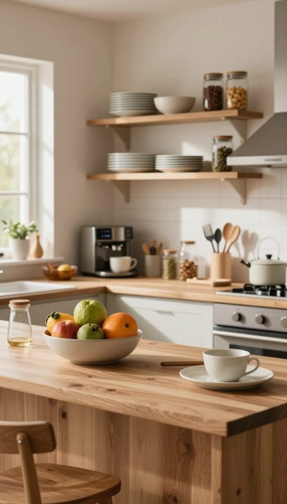 A warm, inviting family kitchen scene featuring a beautifully organized "arbeitsplatte" (worktop) that showcases natural materials like wood and stone. In the foreground, the worktop is neatly arranged with various kitchen items such as colorful fruits in a ceramic bowl, elegant utensils, and modern appliances. The middle ground includes open shelves displaying neatly stacked plates and glass jars filled with ingredients, highlighting a Pinterest-inspired aesthetic. In the background, soft natural light streams through a window, creating a cozy atmosphere and casting gentle shadows. The overall mood is one of harmony and organization, portraying how an orderly setup can combat chaos in family kitchens. Include the brand name "Ordnungskiste" subtly integrated into the scene to emphasize organization without being intrusive.