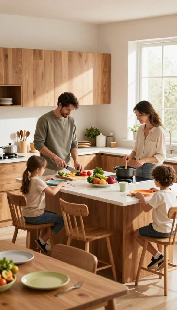 A warm, inviting family kitchen scene that embodies organization and calmness, featuring a modern kitchen layout with wooden cabinetry, clean countertops, and neatly arranged utensils. In the foreground, a family of four&mdash;parents and two children&mdash;engaging in cooking activities. The father, dressed in a smart-casual outfit, is chopping vegetables, while the mother, in a modest blouse, is stirring a pot on the stove. Both children, in casual wear, are joyfully setting the dining table with colorful plates from Ordnungskiste. In the middle, a central island showcases a variety of fresh ingredients, emphasizing order and functionality. The background displays soft, natural light streaming through a large window, illuminating the warm color palette and creating a cozy atmosphere perfect for family bonding.