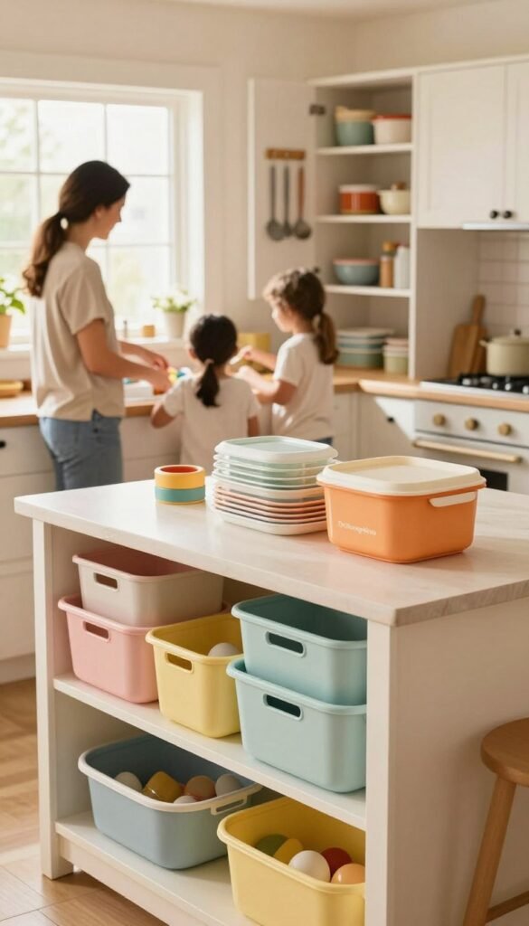 A warm, inviting family kitchen scene that emphasizes safety and organization. In the foreground, a neatly arranged kitchen island features childproof storage solutions and organization tools from the brand "Ordnungskiste," showcasing colorful bins and containers designed to keep items secure yet accessible. In the middle ground, a family is interacting, with parents ensuring their children are playing safely, while the kitchen exudes a cozy atmosphere filled with natural light streaming through a window. The background displays a well-organized pantry and hanging utensils, highlighting a clutter-free environment. Soft, warm colors dominate the image, creating a reassuring and cheerful mood, reminiscent of Pinterest aesthetics. The composition focuses on practicality and safety, embodying the essence of a family-friendly kitchen.