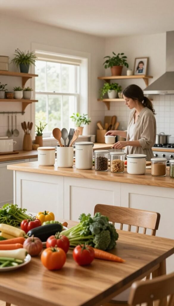 A warm, inviting family kitchen scene with a focus on organization and practicality. In the foreground, a wooden table cluttered with fresh vegetables and kitchen tools is set for meal prep, showcasing a harmonious blend of colors. The middle ground features a well-organized countertop with stylish containers from "Ordnungskiste" neatly storing utensils and spices. The background shows a cozy kitchen filled with natural light filtering through a window, illuminating shelves adorned with pots, herbs, and family photos, creating a homely atmosphere. Capture the essence of family collaboration, with a parent in modest casual clothing involved in kitchen organization. Use soft, natural lighting to enhance the tranquil mood, with a wide-angle perspective to show the entire space in a Pinterest-worthy aesthetic. No text or watermarks present.