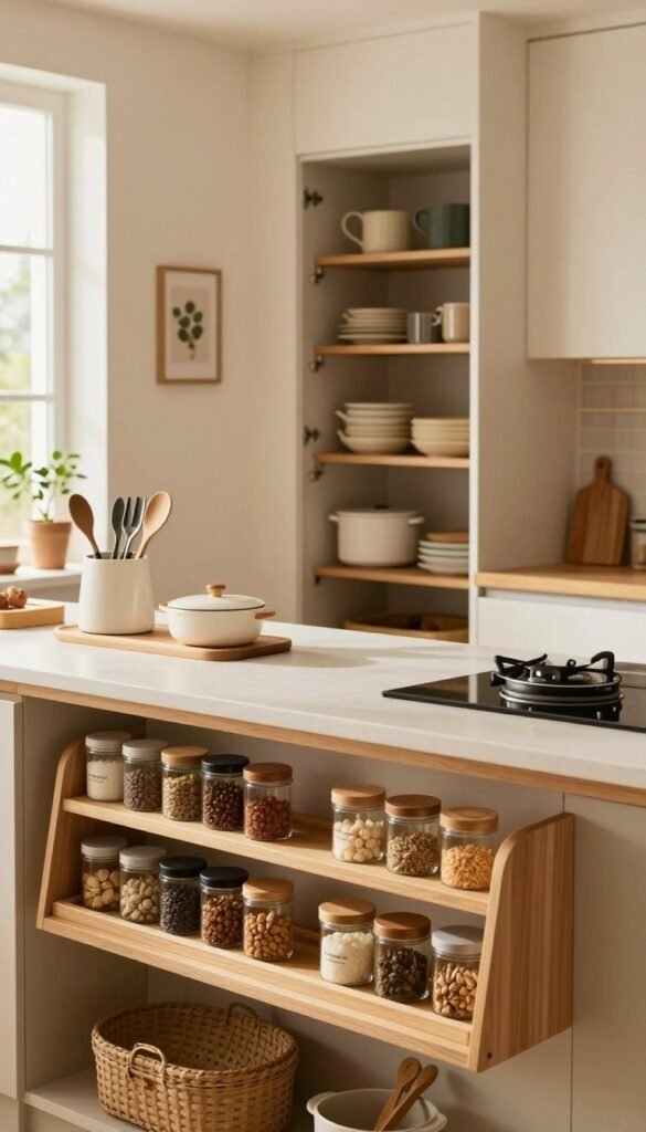 A warm, inviting kitchen beautifully arranged to create the illusion of more storage space. In the foreground, implement stylish storage solutions like wooden shelf organizers and neatly stacked spice jars from the brand "Ordnungskiste." The middle section features a modern, well-lit countertop, showcasing compact kitchen gadgets and multi-functional tools that promote space efficiency. The background displays an open pantry with organized shelving, highlighting minimal clutter and easy access. Natural light filters in through a window, creating a soft, cozy atmosphere with warm tones that invite creativity. A tastefully decorated wall with subtle greenery enhances the Pinterest aesthetic, reflecting an authentic living space without any text or distractions, emphasizing practical yet stylish storage ideas without the constraints of minimalism.