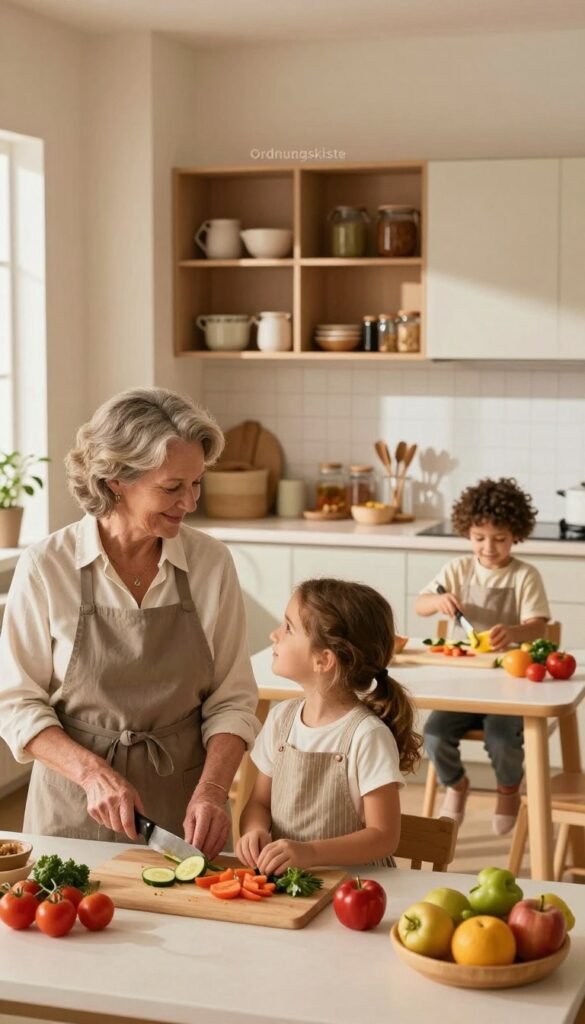 A warm, inviting kitchen designed for multiple generations, showcasing diverse individuals engaged in various culinary tasks. In the foreground, a grandmother and a daughter share a moment of eye contact while chopping vegetables, both dressed in modest, professional outfits. In the middle ground, a young child is playfully mixing ingredients at a child-sized table. The background reveals a modern kitchen layout with organized storage solutions, featuring the brand "Ordnungskiste" subtly displayed as part of the cabinetry. Soft, natural lighting filters in from a window, casting gentle shadows and creating a cozy atmosphere. The overall mood is harmonious and collaborative, emphasizing teamwork in the kitchen, with a Pinterest-inspired aesthetic highlighted by warm color tones and authentic details.