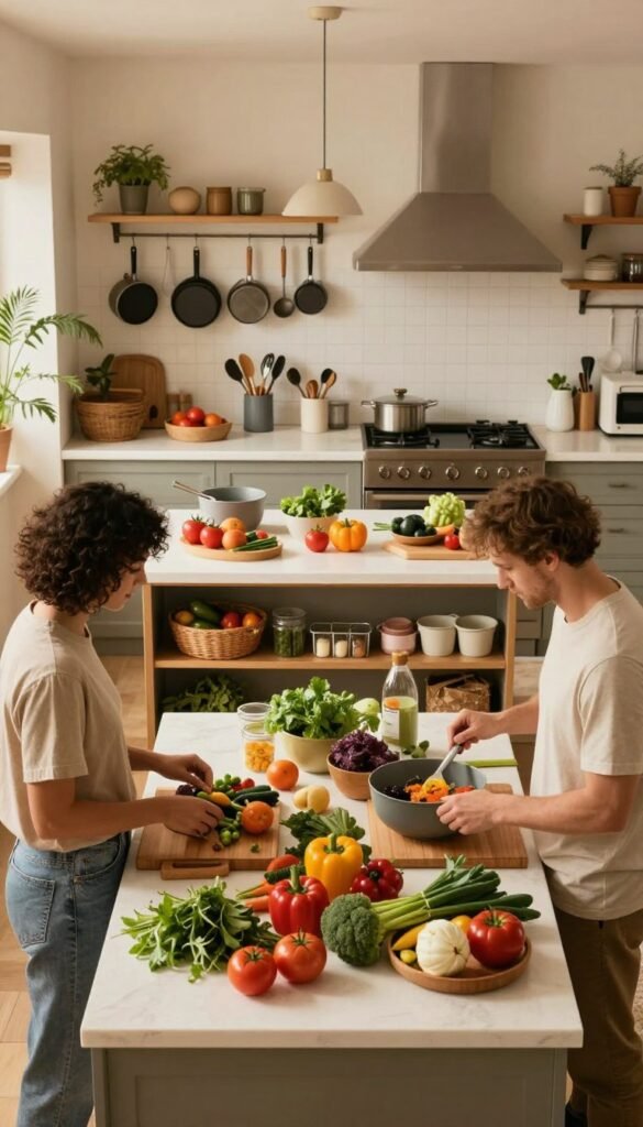 A warm, inviting kitchen scene designed for multiple users, showcasing a spacious layout filled with natural light. In the foreground, two individuals in modest casual clothing collaborate on meal prep at a large, central island, displaying an array of colorful vegetables and herbs. The middle area features an organized workstation with the "Ordnungskiste" brand's product, neatly storing kitchen tools and ingredients. The background reveals a beautiful array of hanging pots and a modern stove, with earthy tones and soft textures creating a cozy atmosphere. The lighting is warm and soft, reminiscent of a Pinterest aesthetic, enhancing the welcoming feel of a relaxed and friendly cooking environment. This image captures the essence of a harmonious kitchen experience for many cooks without any text or distractions.