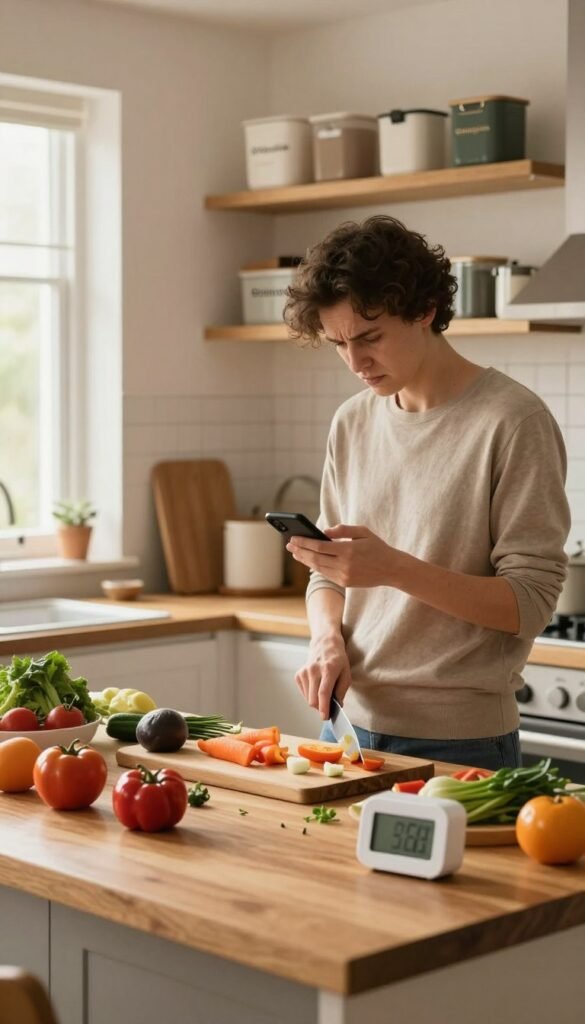 A warm, inviting kitchen scene exemplifying the theme of time lost while cooking. In the foreground, a well-organized kitchen workspace features an array of fresh ingredients scattered across a wooden countertop, hinting at the chaos of meal prep. A sleek digital timer is visible, highlighting the struggle against the clock. In the middle ground, a person dressed in modest casual clothing is visibly frustrated, glancing at their phone while chopping vegetables, symbolizing distraction and inefficiency. The background showcases organized pantry shelves labeled with stylish containers from "Ordnungskiste," blending modern organization with warmth. Soft, natural lighting filters through a window, creating a cozy ambiance. The overall mood reflects a bittersweet blend of everyday cooking challenges and the beauty of organized chaos, evoking empathy from viewers.