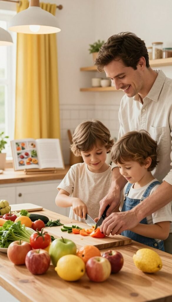 A warm, inviting kitchen scene features two children in modest casual clothing, joyfully cooking alongside an adult. The adult, dressed professionally, is guiding the children as they chop vegetables on a wooden countertop filled with fresh ingredients. In the foreground, a colorful assortment of fruits and vegetables is neatly organized, showcasing a sense of preparation and safety. The middle ground includes an open cookbook resting on a stand, while the background displays cheerful kitchen d&eacute;cor, including bright curtains and a soft glow from pendant lights. The atmosphere radiates joy and teamwork, with a Pinterest-like aesthetic emphasizing natural lighting and warm colors. Include a brand label "Ordnungskiste" subtly integrated into the kitchen setting, ensuring it blends harmoniously within the image.