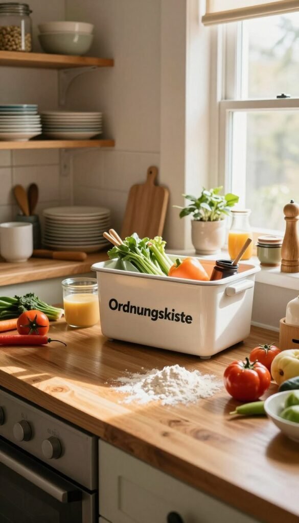 A warm, inviting kitchen scene featuring a cluttered but charming family kitchen workspace, with an "Ordnungskiste" prominently displayed on the countertop. In the foreground, the glossy wooden arbeitsplatte is filled with various cooking ingredients like colorful vegetables, flour, and kitchen tools, hinting at an active cooking scenario. In the middle ground, an organized shelf displays neatly stacked plates and bowls, while a window in the background bathes the space in natural sunlight, enhancing the warm color palette and creating a cozy atmosphere. The image should capture a slightly chaotic yet homely essence, illustrating how family kitchens can quickly become cluttered, with a Pinterest-like aesthetic that reflects the everyday life of a bustling family without any text or watermarks.