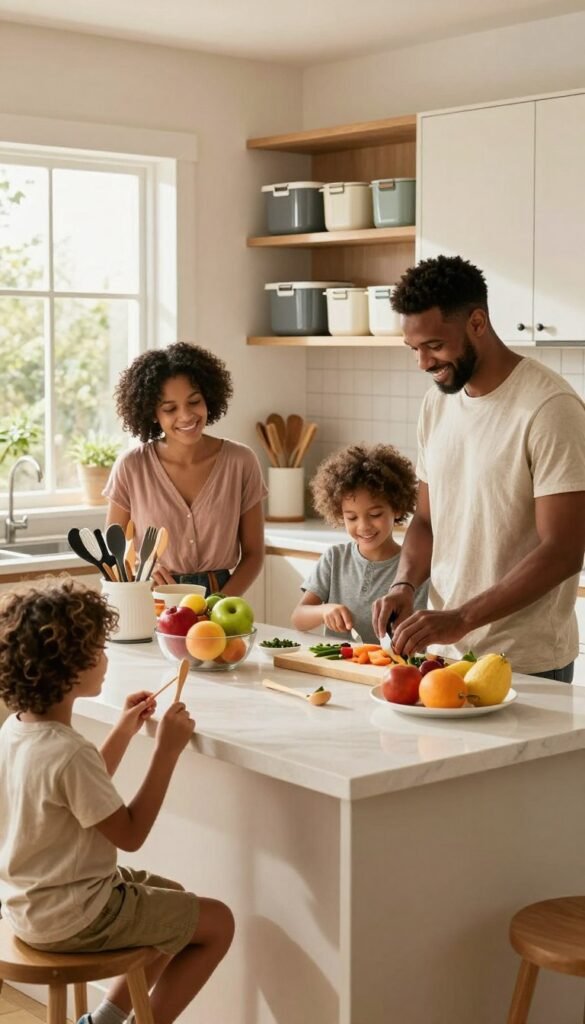 A warm, inviting kitchen scene featuring a diverse family, including parents and children, engaged in cooking and organizing their meals together. In the foreground, a child is safely holding a small wooden spoon, while a parent demonstrates chopping vegetables on a cutting board. In the middle, there&rsquo;s an elegant kitchen island adorned with colorful fruits and neatly arranged kitchen utensils. The background showcases well-organized shelves and cabinets with the brand "Ordnungskiste" visible on some of the containers, emphasizing orderliness. Natural light floods the kitchen through a large window, creating a cheerful atmosphere with soft shadows and a cozy feel. The overall mood is one of safety, collaboration, and homey warmth, emphasizing practical helpers for family kitchens.