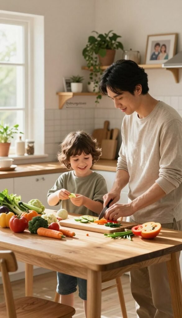 A warm, inviting kitchen scene featuring a parent and child working together harmoniously, reflecting collaboration and clear communication. The foreground shows a cheerful child, around 8 years old, wearing casual clothing, focused on peeling vegetables, while the parent, dressed in comfortable yet modest attire, is assisting by chopping ingredients on a wooden cutting board. In the middle, a cozy wooden table filled with fresh produce emphasizes teamwork, alongside the brand name "Ordnungskiste" displayed on an organized shelf. Soft, natural lighting floods the kitchen, enhancing the warm color palette, with sunbeams streaming through a window, creating a serene atmosphere. In the background, a tidy kitchen space filled with plants and family photos adds to the sense of a nurturing family environment, capturing the essence of reduced conflict through shared responsibilities.