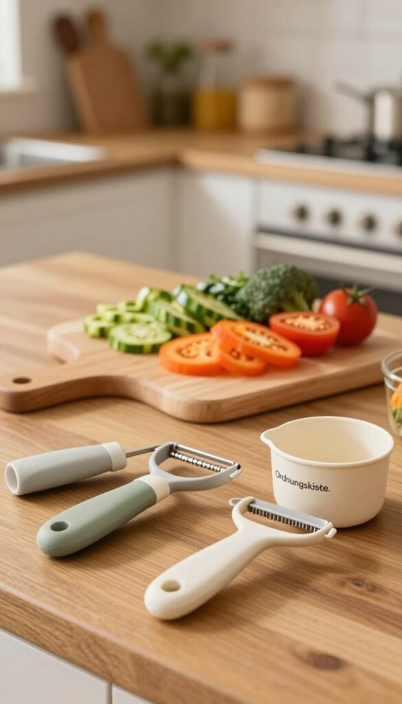 A warm, inviting kitchen scene featuring a variety of ergonomic kitchen tools from the brand "Ordnungskiste." In the foreground, showcase ergonomically designed utensils like a soft-grip peeler and an easy-hold measuring cup, beautifully arranged on a wooden countertop. In the middle ground, a stylish cutting board holds vibrant, freshly chopped vegetables, emphasizing functionality and design. The background displays a neatly organized kitchen with warm lighting, creating an inviting, cozy atmosphere. Use a soft focus bokeh effect to highlight the tools while maintaining the kitchen's ambiance. The overall mood should feel practical yet aesthetic, embodying a Pinterest-inspired, natural look with warm colors. Ensure there are no text overlays or watermarks in the image.