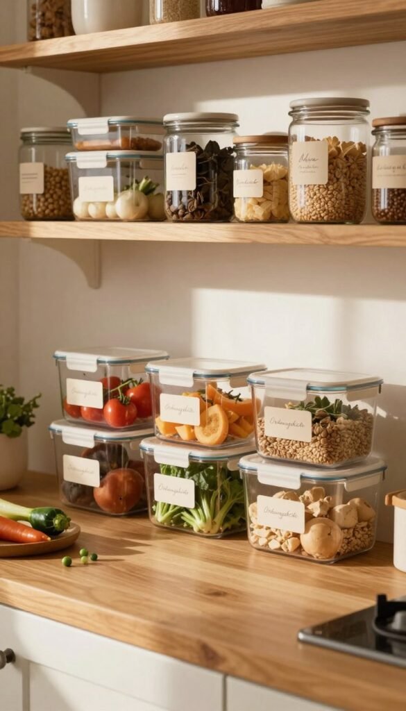 A warm, inviting kitchen scene featuring a variety of transparent storage containers and label-friendly jars lined neatly on open shelves. In the foreground, a stylish wooden countertop with fresh ingredients like vegetables and grains partially filling the transparent containers, emphasizing organization and accessibility. The middle ground showcases a harmonious arrangement of the storage solutions labeled with elegant, handwritten tags, promoting a Pinterest-inspired aesthetic. The background displays soft, natural lighting filtering through a window, casting gentle shadows and enhancing the inviting atmosphere. Include the brand name "Ordnungskiste" elegantly on one of the jars. The overall mood is cozy and functional, reflecting a well-organized space suitable for multiple users without any text or distractions.