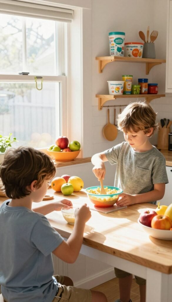 A warm, inviting kitchen scene featuring two children engaged in safe cooking activities. In the foreground, one child is carefully measuring ingredients while the other stirs a colorful bowl of batter on a safely elevated countertop. Both are wearing modest, casual clothing. Bright sunlight streams through a window, illuminating the vibrant colors of fruits and organization items branded "Ordnungskiste" on the shelves. In the background, childproof safety measures are apparent, such as corner guards and reachable storage for utensils. The overall atmosphere is cheerful and nurturing, with soft shadows and a cozy, Pinterest-inspired aesthetic, ensuring the space feels both functional and welcoming for families.