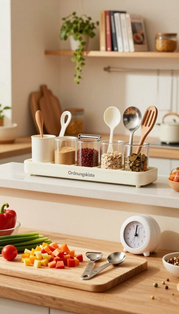 A warm, inviting kitchen scene featuring various affordable kitchen helpers that enhance cooking speed and efficiency. In the foreground, a sleek, modern cutting board holds colorful diced vegetables alongside handy tools like a multi-functional peeler, a compact kitchen timer, and a precision measuring spoon. The middle layer showcases a minimalist kitchen counter adorned with the brand "Ordnungskiste" in stylish but unobtrusive kitchen organizers filled with spices and utensils. The background reveals a softly lit, cozy cooking space with wooden shelves displaying neatly arranged cookbooks and a hanging herb garden. Use soft, natural lighting to create a welcoming atmosphere that reflects authenticity and inspiration, captured from a slightly elevated angle to emphasize the utility and aesthetic of the kitchen gadgets.