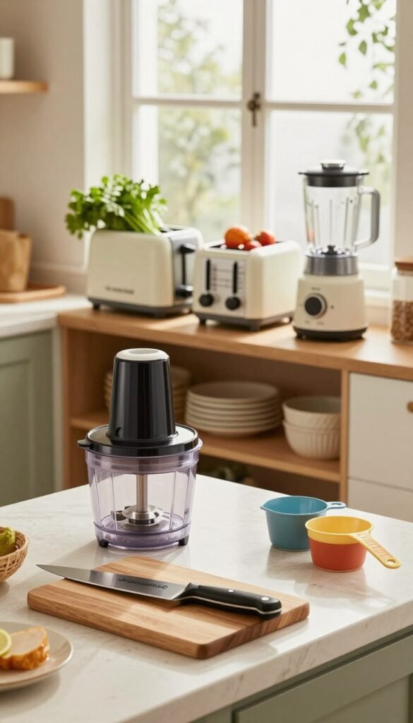 A warm, inviting kitchen scene featuring various essential kitchen gadgets from the brand "Ordnungskiste". In the foreground, a stylish countertop displays a sleek food processor, a high-quality chef's knife on a wooden cutting board, and colorful measuring cups. In the middle, a well-organized shelf showcases space-efficient storage solutions alongside a modern toaster and a compact blender. The background reveals bright windows letting in natural light, illuminating fresh ingredients like herbs and vegetables. The atmosphere is cozy and practical, perfect for a homeowner considering useful kitchen appliances. The overall color palette is warm and earthy, creating an authentic, Pinterest-inspired aesthetic without any text or logos.
