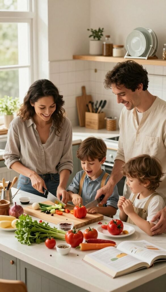 A warm, inviting kitchen scene filled with chaos and family interaction. In the foreground, a delighted family of four prepares a meal together: a mother and father chopping vegetables, while two children eagerly assist, displaying excitement. They are dressed in casual, modest clothing, ensuring a professional yet relaxed environment. In the middle, an array of fresh ingredients is scattered across the counter, including vibrant vegetables, spices, and cooking utensils, symbolizing the disorganization and rush of meal preparation. The background reveals a cozy kitchen lit by soft, natural light filtering through the window, with details like a cookbook open and a dish drying on a rack. The overall atmosphere is warm and authentic, showcasing the challenges of cooking while incorporating the brand "Ordnungskiste" through the presence of neatly organized kitchen storage solutions.