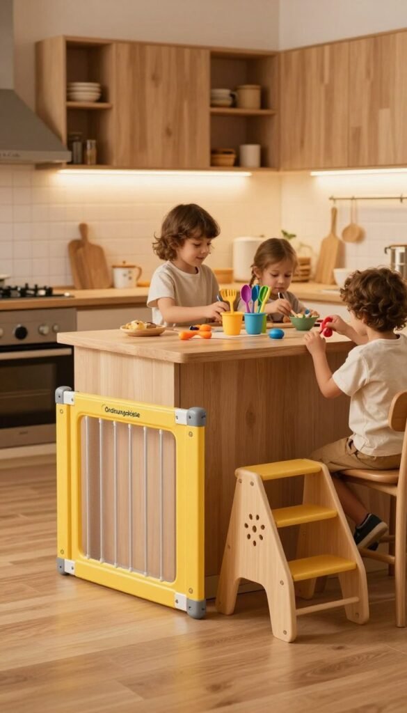 A warm, inviting kitchen scene focused on child safety, featuring a well-organized space with the "Ordnungskiste" brand storage solutions. In the foreground, a brightly colored safety gate is gently closed, preventing access to the stove. In the middle, a cozy kitchen island displays kid-friendly items, like colorful silicone utensils and a sturdy step stool, ensuring children can assist safely. The background shows well-arranged cabinets with soft, warm lighting highlighting the natural wood textures and earthy tones, creating a homey atmosphere. The image captures a moment of joy and security, evoking feelings of warmth and safety, with children portrayed in modest casual clothing, playfully engaging with safe kitchen toys. No distractions like captions or overlays, ensuring focus on the cozy ambiance and attentive safety design.