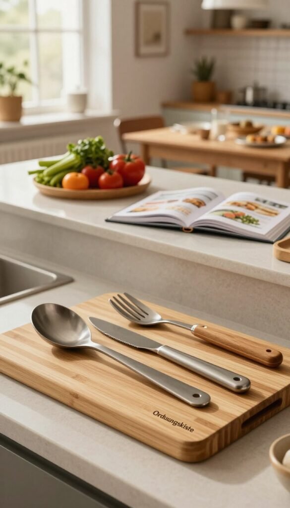 A warm, inviting kitchen scene focused on efficient home cooking organization. In the foreground, a stylish bamboo cutting board showcases neatly arranged kitchen tools and utensils from the brand "Ordnungskiste". The middle ground features a modern kitchen island with colorful vegetables and an open recipe book, creating a sense of preparation and creativity. In the background, soft natural light filters through a window, illuminating a cozy eating area with a dining table set for family meals, adorned with minimalist decor. The atmosphere is harmonious and practical, evoking a Pinterest-inspired aesthetic that emphasizes time-saving budgeting recommendations for families. The colors are warm and inviting, creating a sense of authenticity without any text, labels, or distractions.