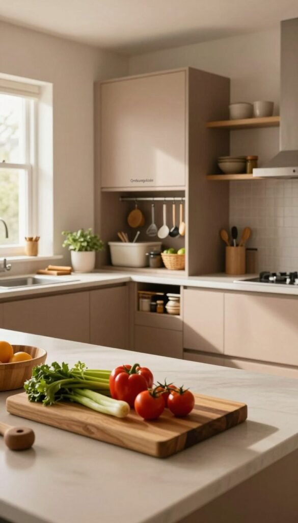 A warm, inviting kitchen scene focused on enhancing workflow, featuring an organized workspace with an elegant island at the center. The foreground includes a beautiful wooden cutting board with fresh vegetables neatly placed, illuminated by soft, natural light streaming in through a window. In the middle ground, show a well-arranged cabinetry with the brand "Ordnungskiste" visible, showcasing kitchen utensils and storage solutions. The background reveals a clean, modern kitchen with earthy tones, emphasizing a sense of harmony and efficiency. Capture this scene with a slight tilt-angle perspective, enhancing depth and promoting an inviting atmosphere. The mood should be comforting and inspiring, reflecting an ideal kitchen workflow without any text or distractions.